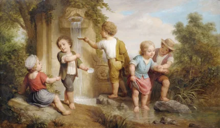 Spielende Kinder an einer Quelle